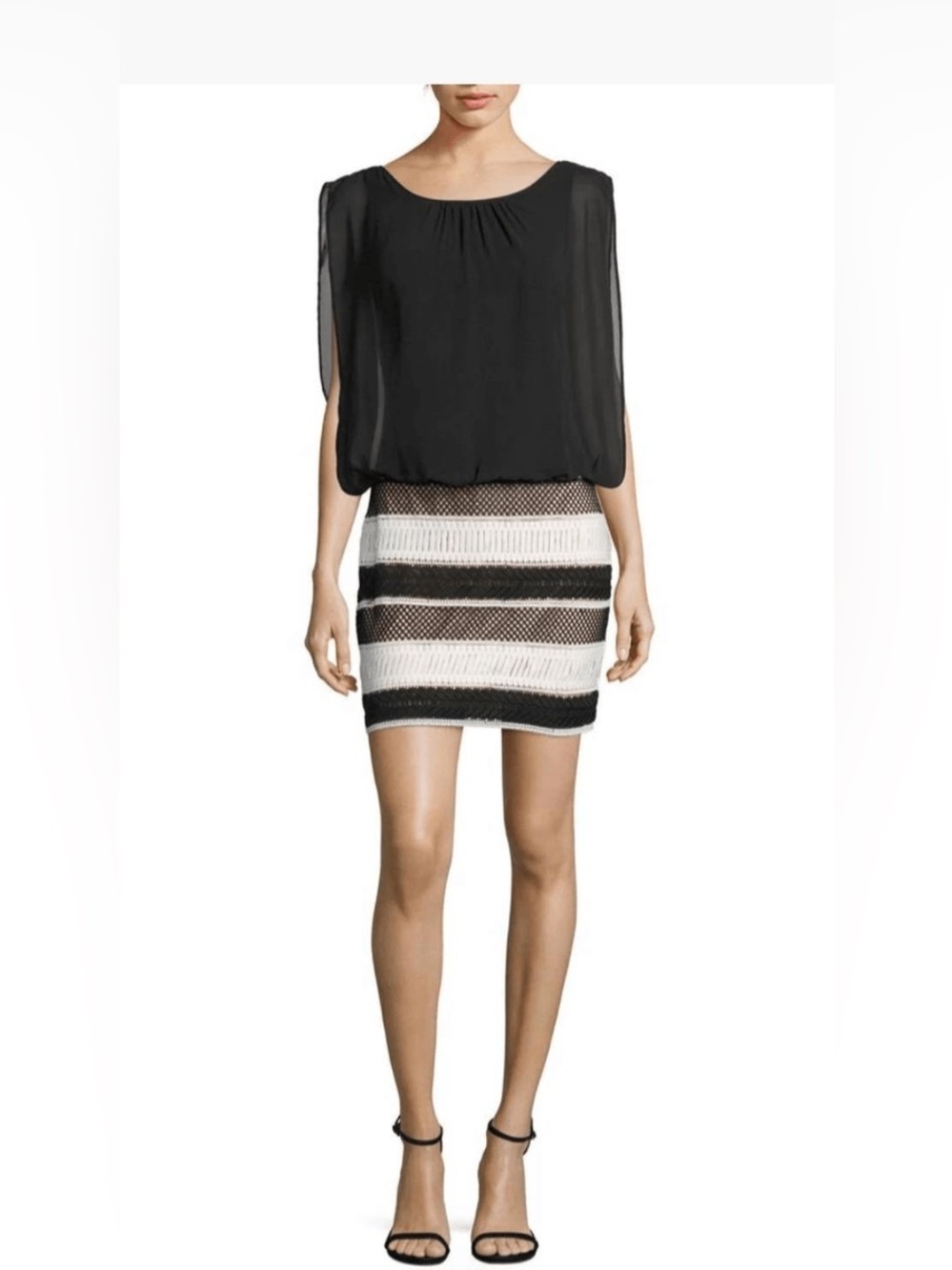 Black and White Blouson Mini Dress with Striped Knit Skirt